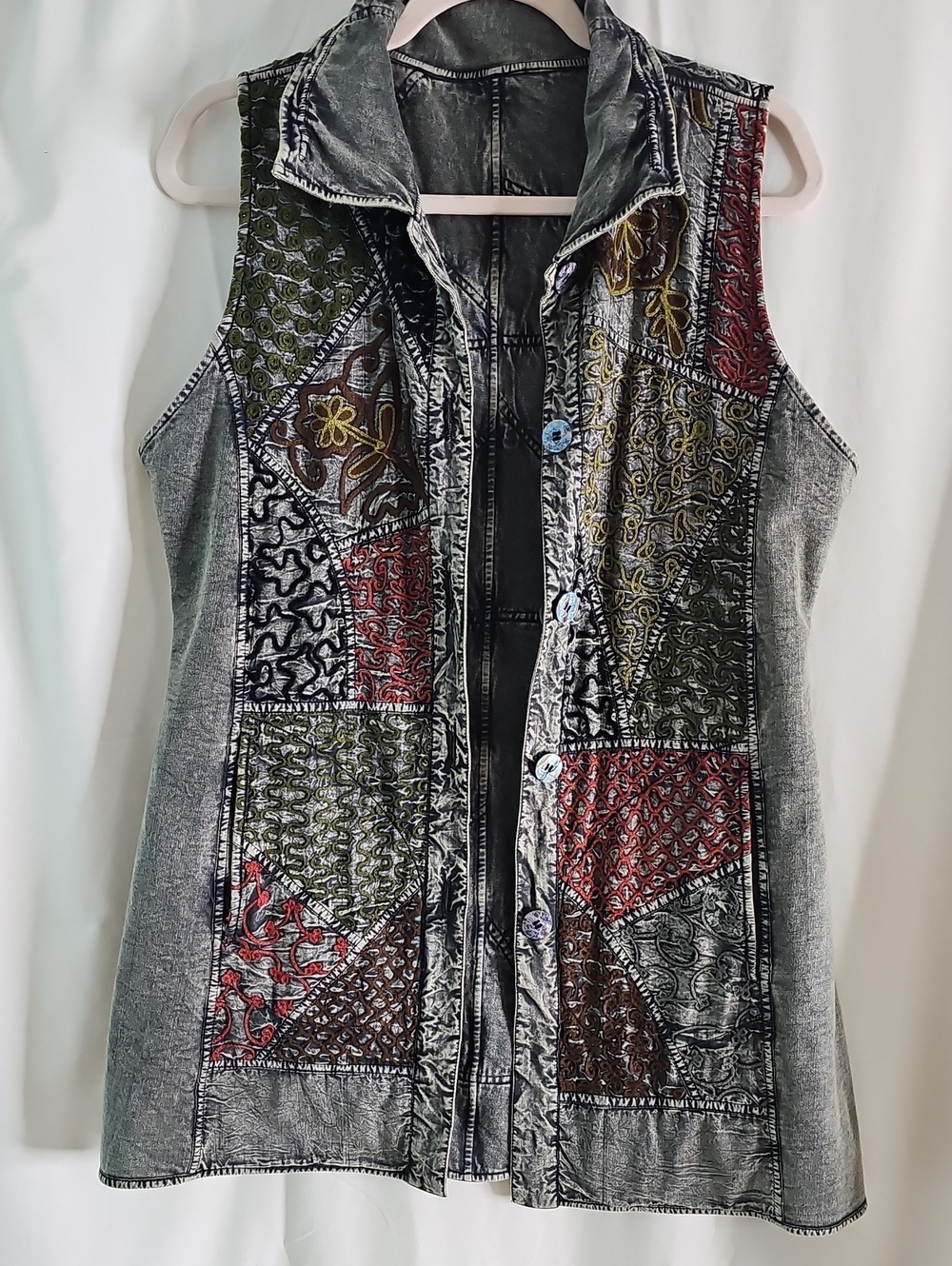 Boho Parsley & Sage Grey Denim Vest with Green Embroidery